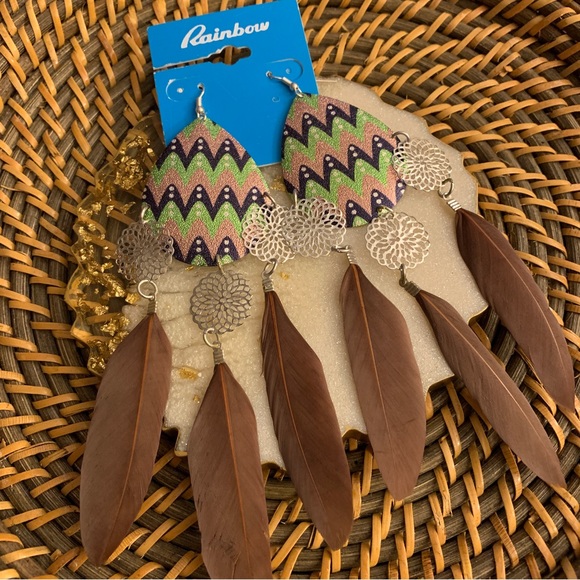 💎 Rainbow Bohemian Feather Dangle Earrings - Picture 1 of 2